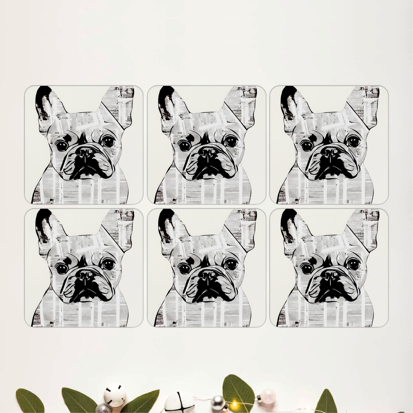 Modern French Bulldog Portrait Wooden Coasters Set of 6