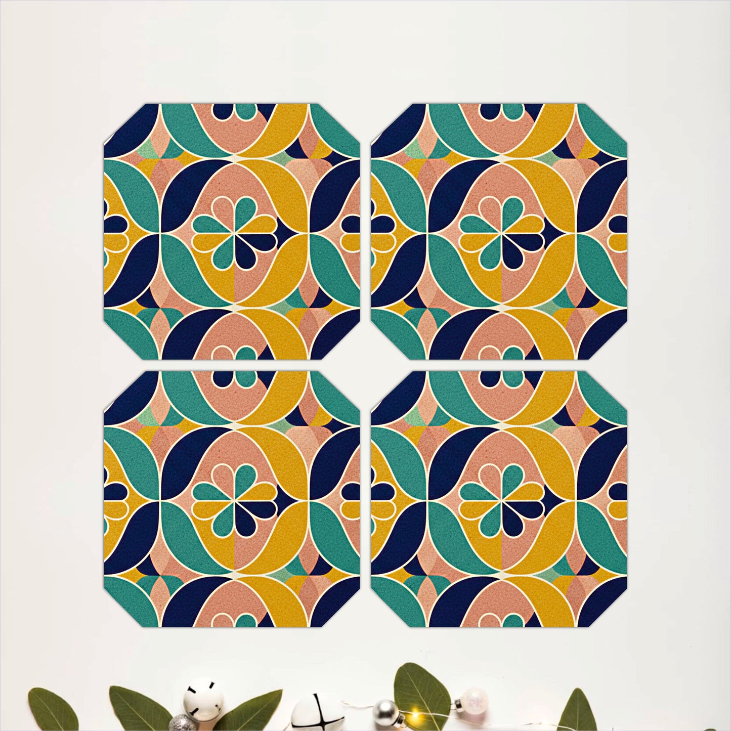 Retro Floral Geometric Wooden Coasters Set of 4