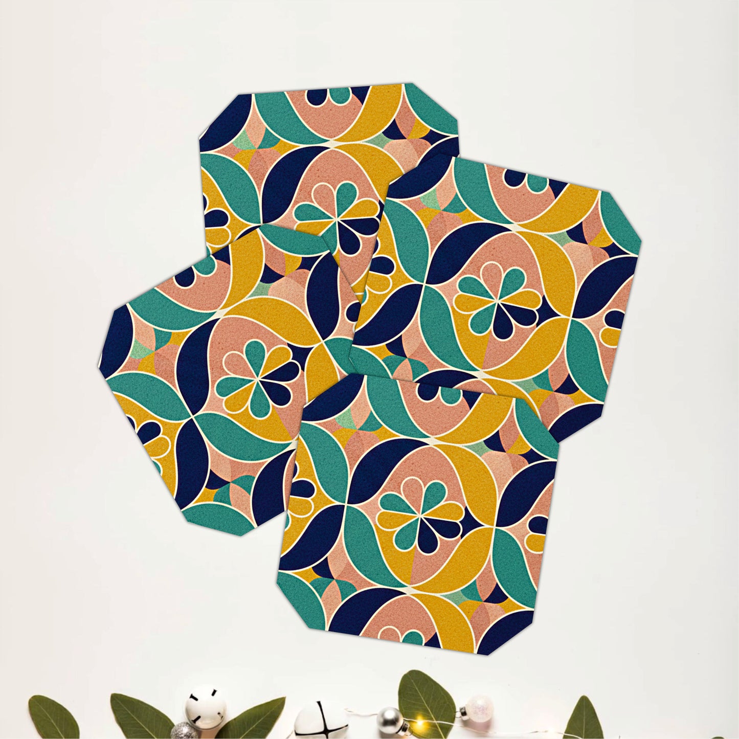 Retro Floral Geometric Wooden Coasters Set of 4