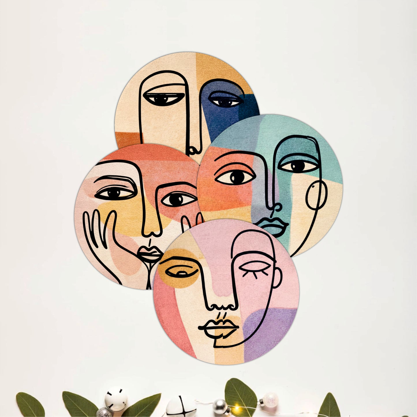 Abstract Line Face Wooden Coasters Set of 4