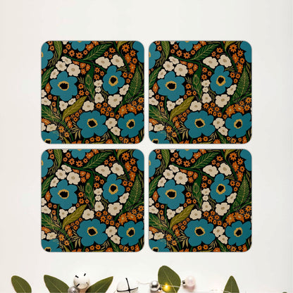 Vintage Blue Floral Wooden Coasters Set of 4