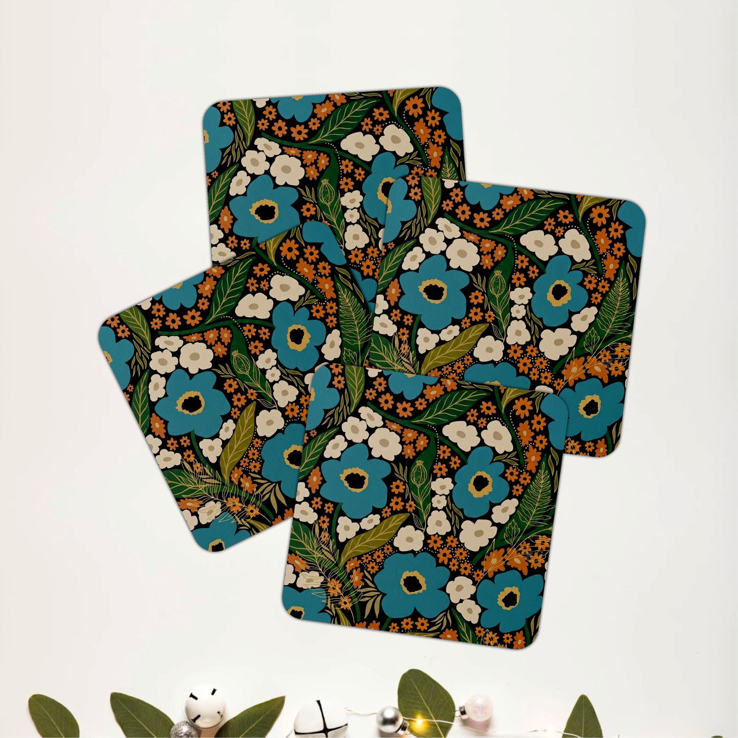 Vintage Blue Floral Wooden Coasters Set of 4