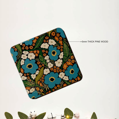 Vintage Blue Floral Wooden Coasters Set of 4