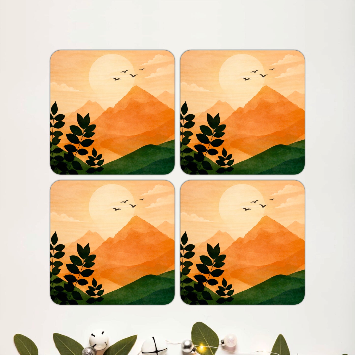Golden Mountain View Wooden Coasters Set of 4
