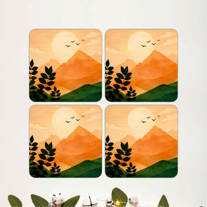 Golden Mountain View Wooden Coasters Set of 4