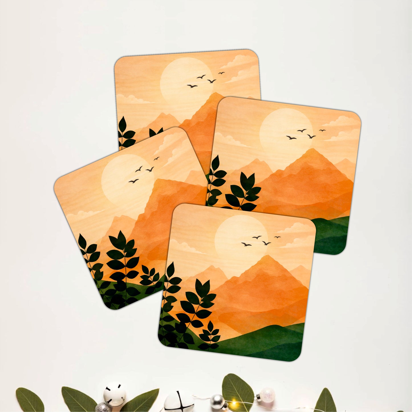 Golden Mountain View Wooden Coasters Set of 4