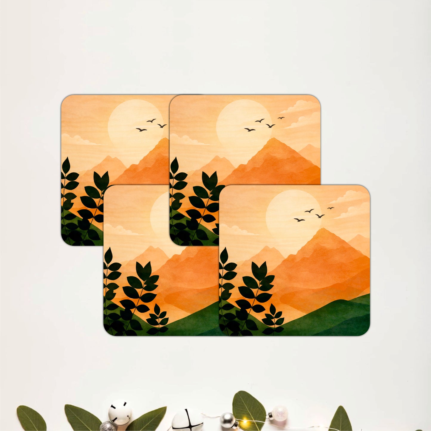 Golden Mountain View Wooden Coasters Set of 4