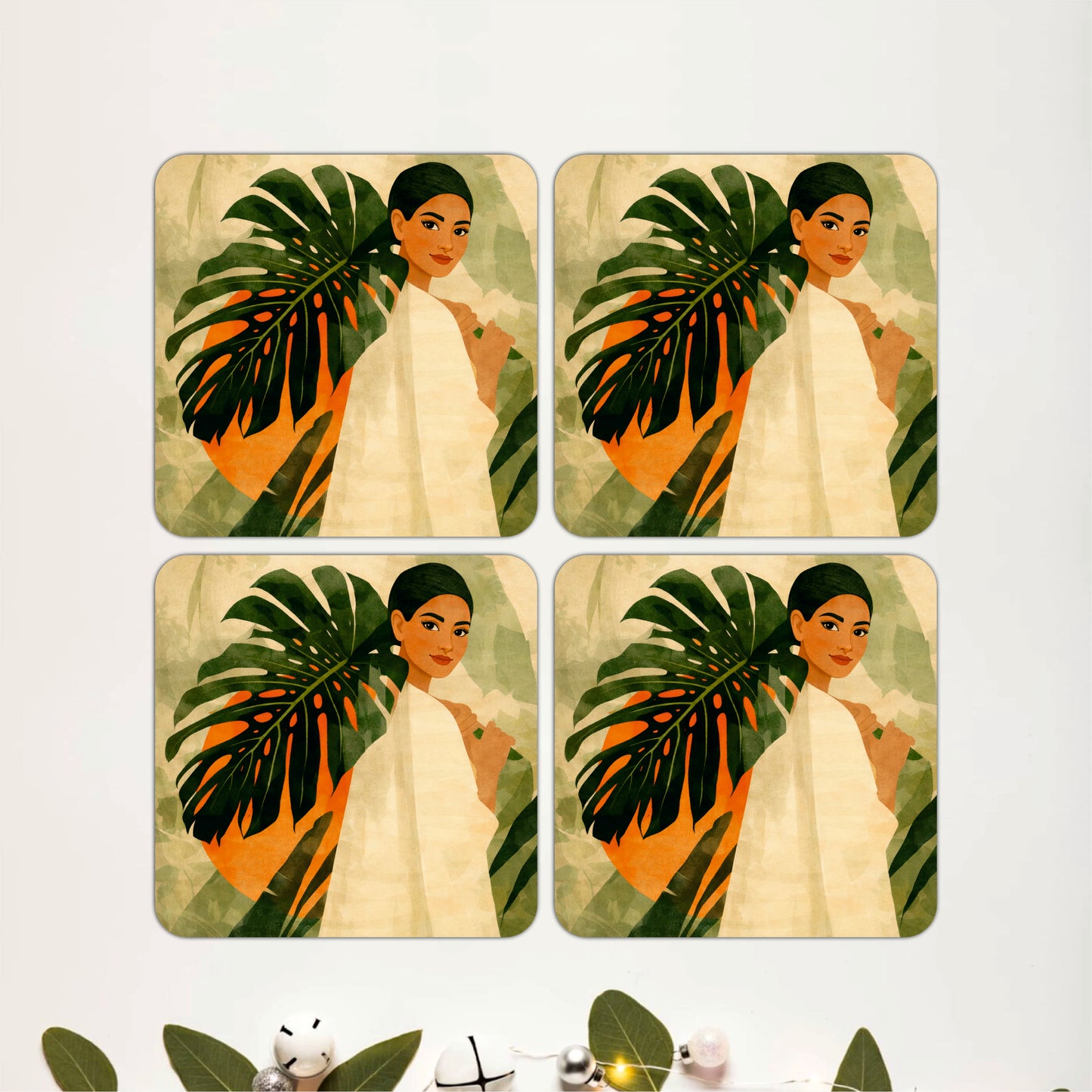 Tropical Monstera Portrait Wooden Coasters Set of 4