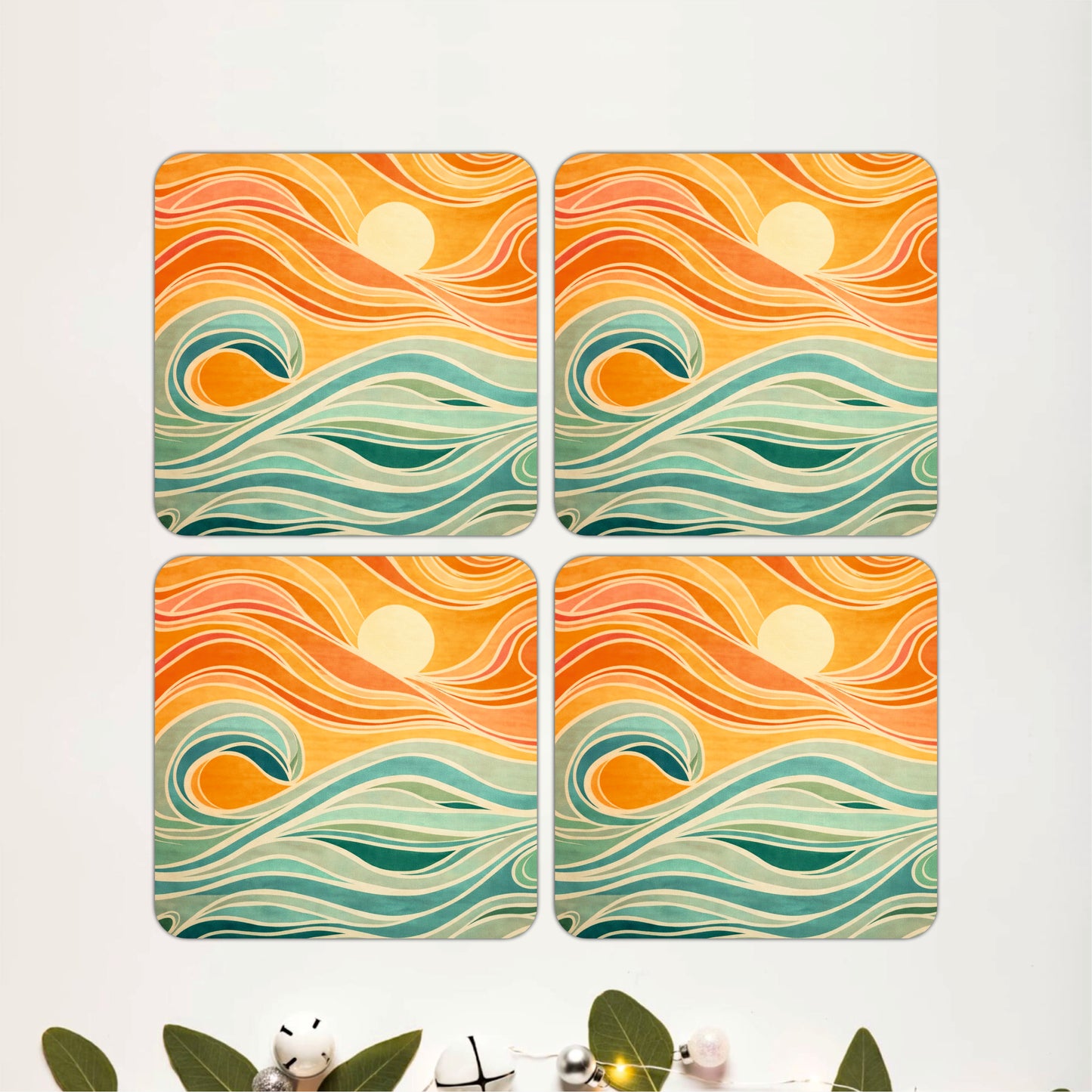 Sunset Ocean Wave Wooden Coasters Set of 4
