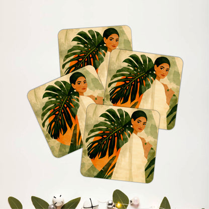 Tropical Monstera Portrait Wooden Coasters Set of 4