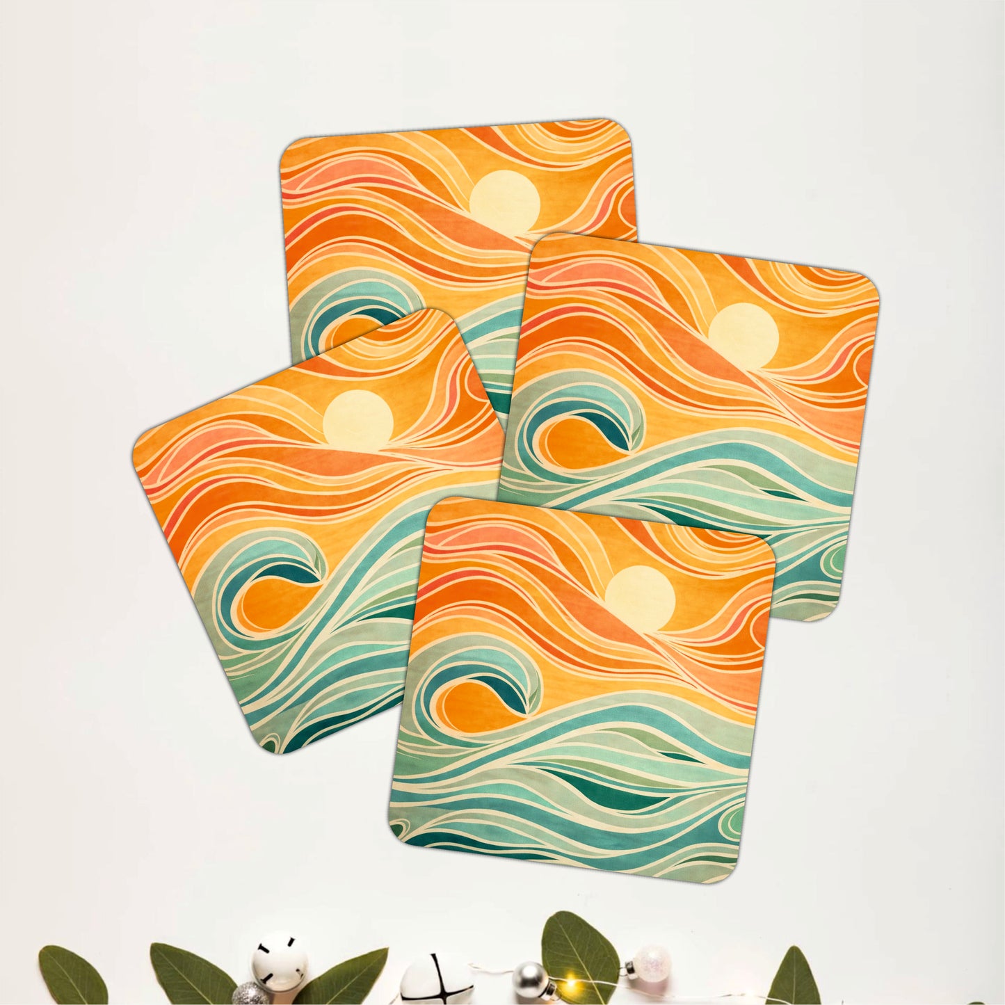 Sunset Ocean Wave Wooden Coasters Set of 4