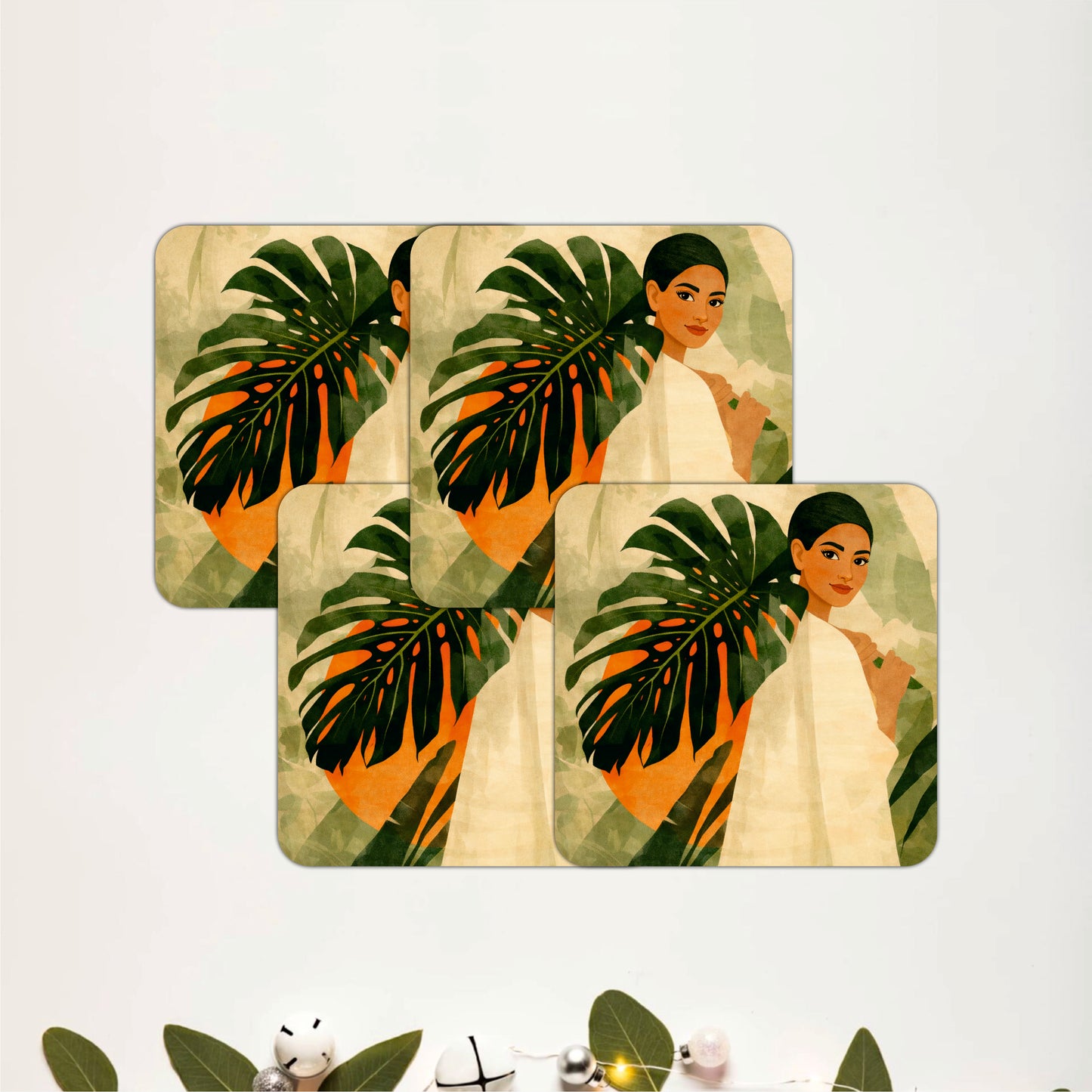 Tropical Monstera Portrait Wooden Coasters Set of 4
