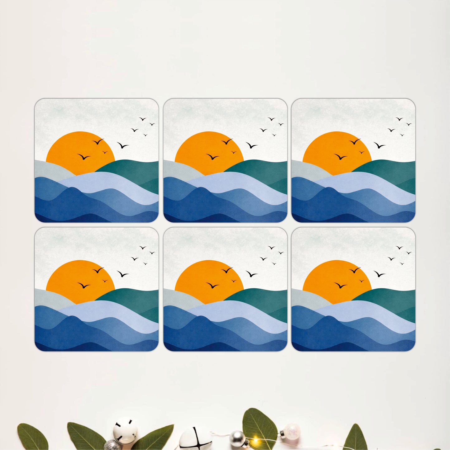 Minimal Ocean Sunset Wooden Coasters Set of 6
