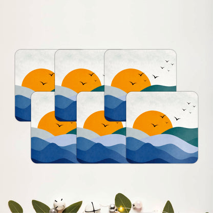 Minimal Ocean Sunset Wooden Coasters Set of 6
