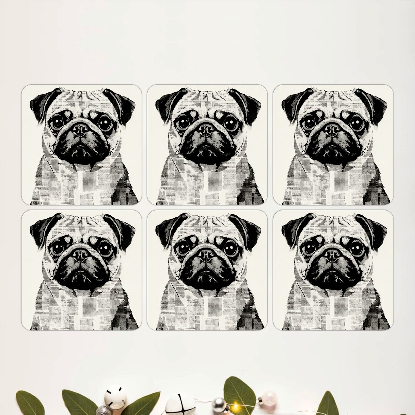 Modern Pug Portrait Wooden Coasters Set of 6