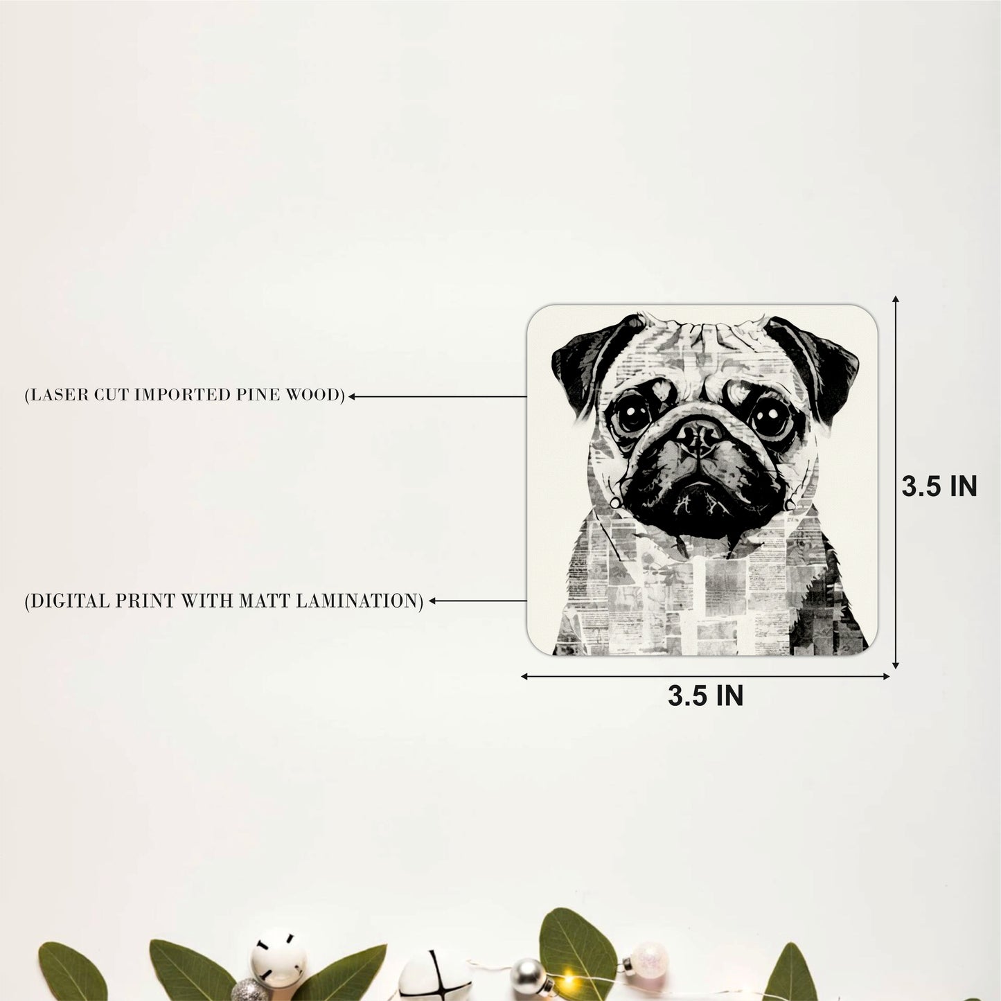 Modern Pug Portrait Wooden Coasters Set of 6