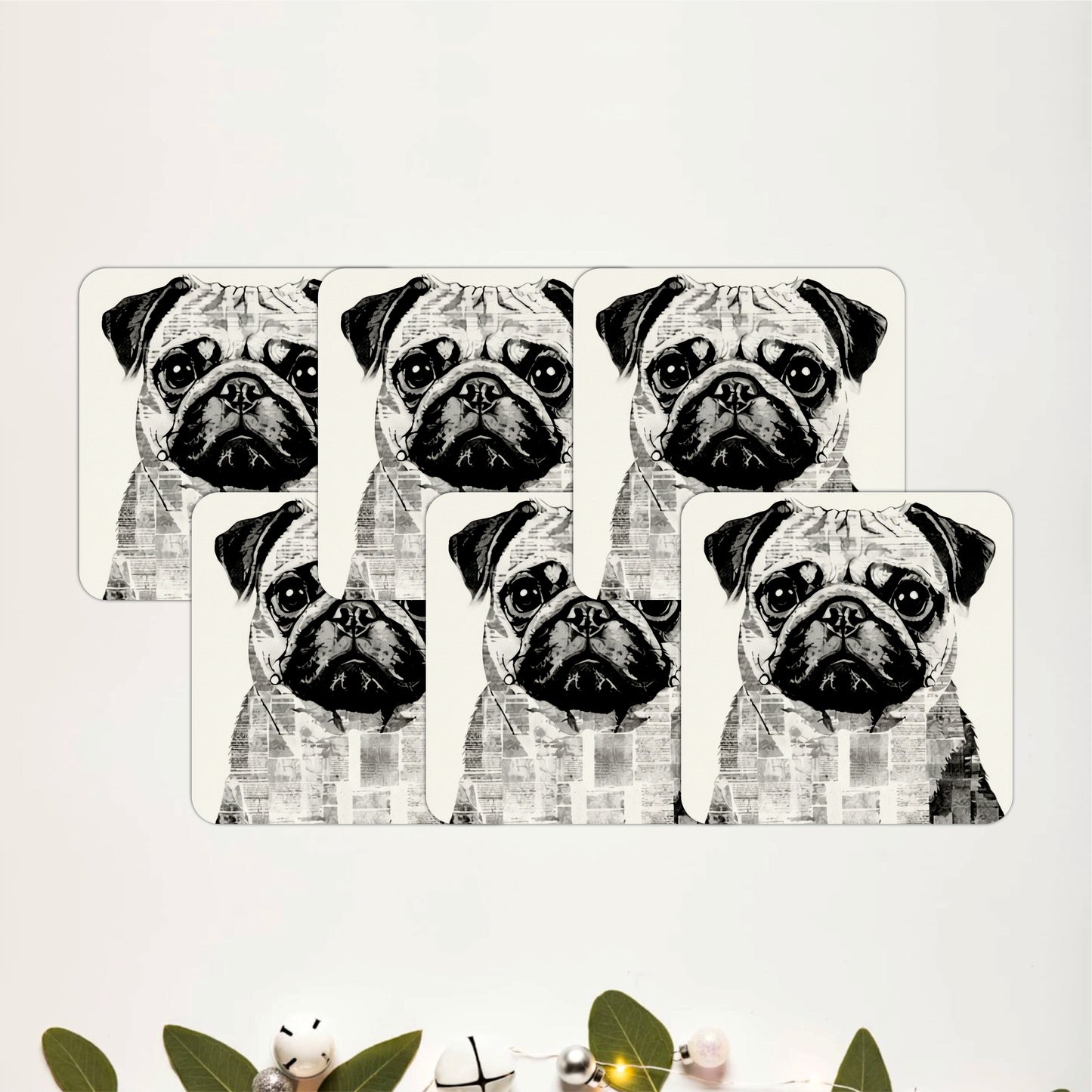 Modern Pug Portrait Wooden Coasters Set of 6