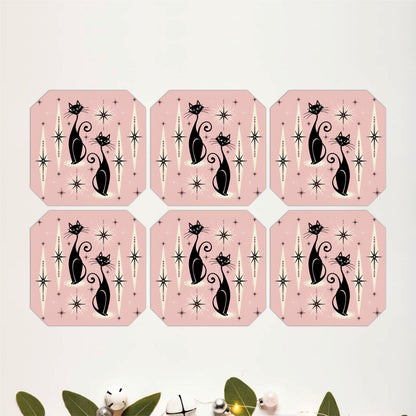 Retro Pink Cats Coasters Pack of 6