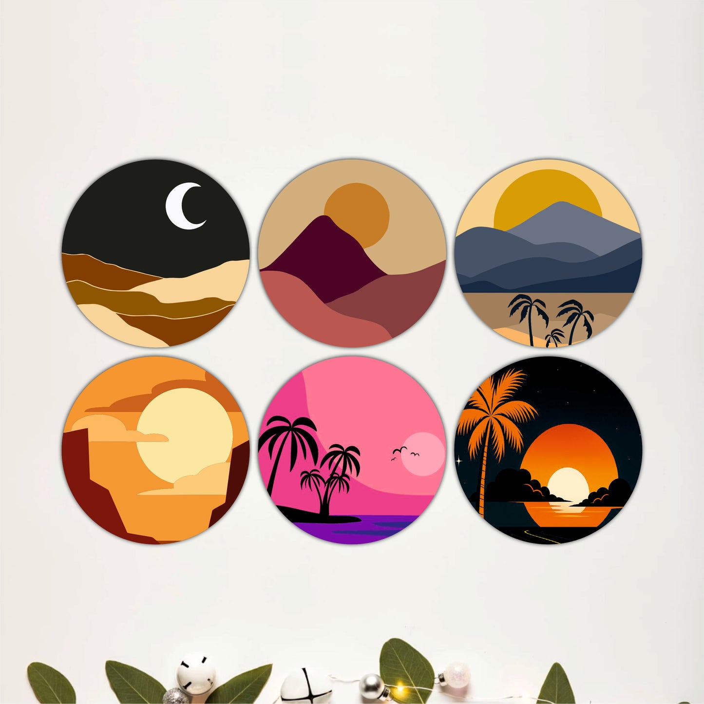 Round Nature Sunset Wooden Coasters Set of 6