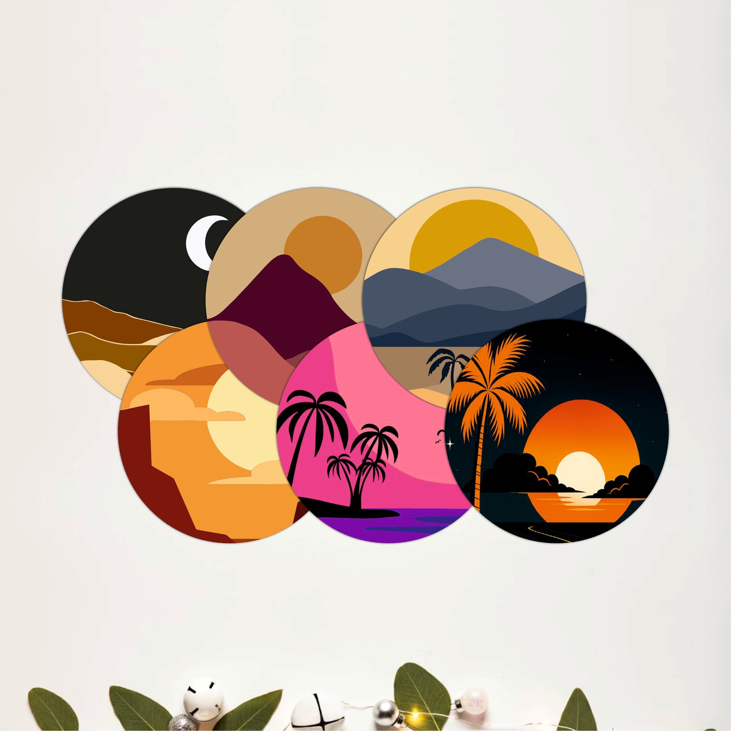 Round Nature Sunset Wooden Coasters Set of 6