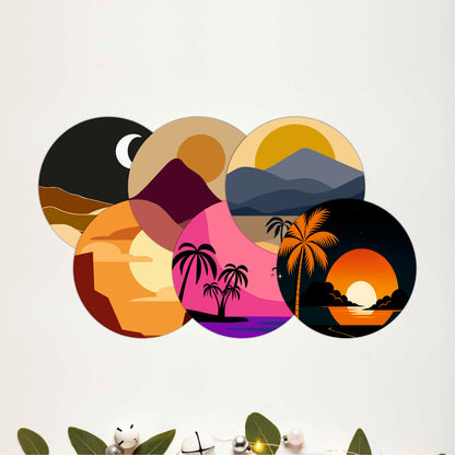 Round Nature Sunset Wooden Coasters Set of 6