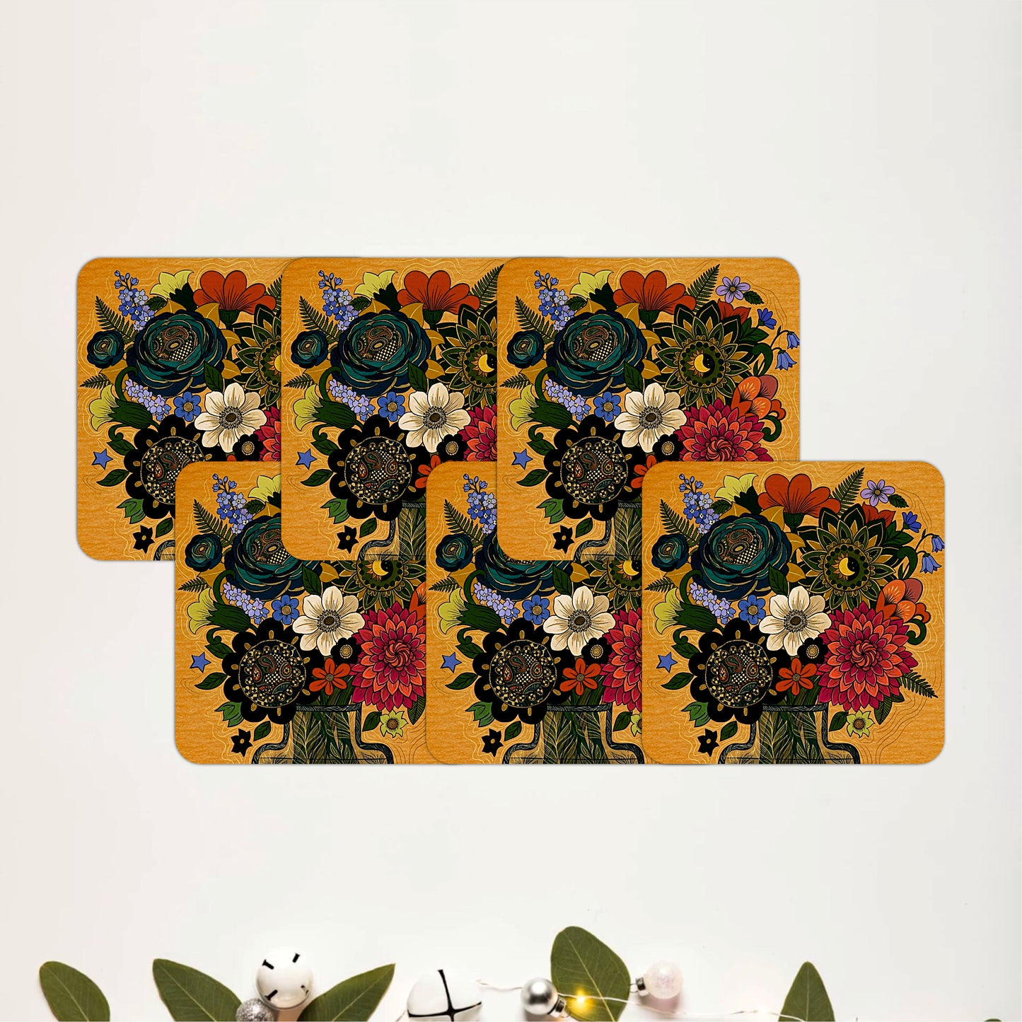 Midnight Botanical Bloom Wooden Coasters Set of 6