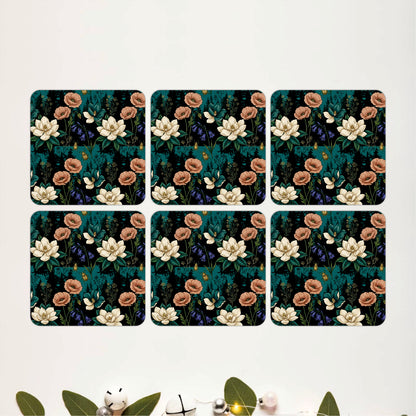 Midnight Botanical Bloom Wooden Coasters Set of 6