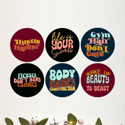 Fitness Typography Round Wooden Coasters Set of 6