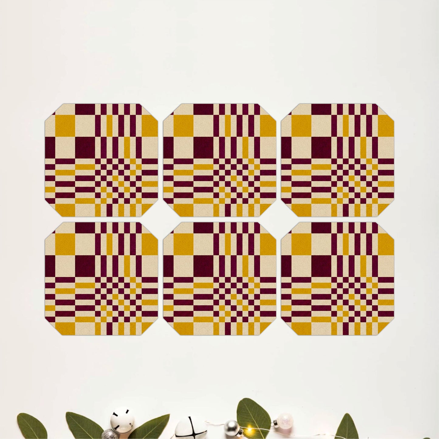 Retro Plaid Pattern Wooden Coasters Set of 6