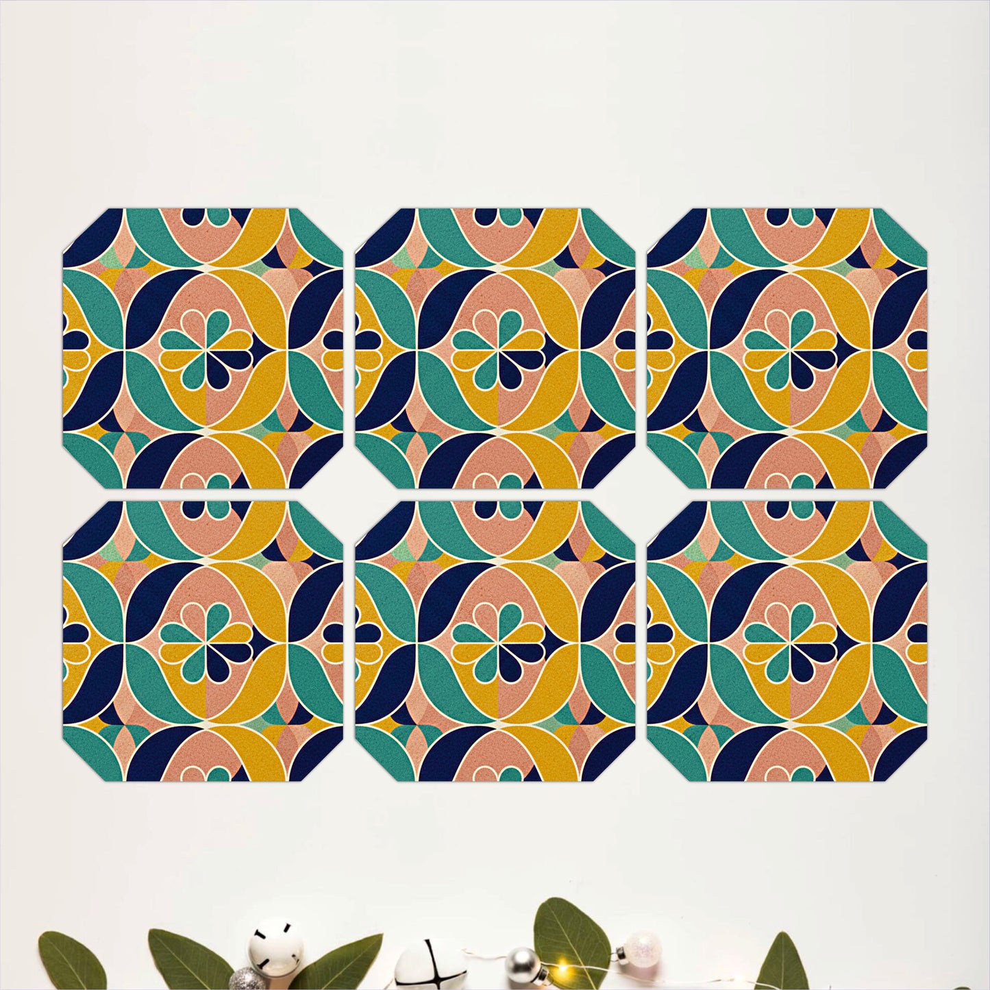 Retro Geometric Floral Wooden Coasters Set of 6