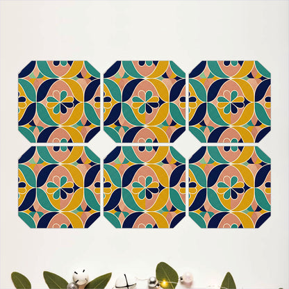 Retro Geometric Floral Wooden Coasters Set of 6