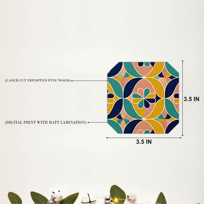 Retro Geometric Floral Wooden Coasters Set of 6