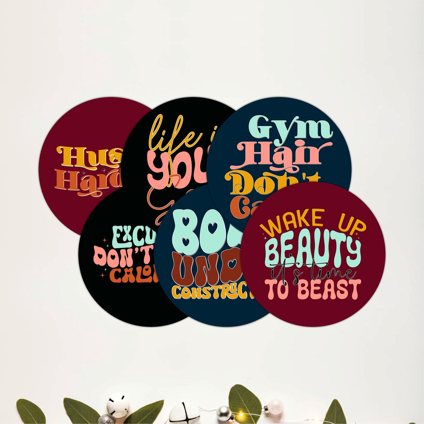 Fitness Typography Round Wooden Coasters Set of 6