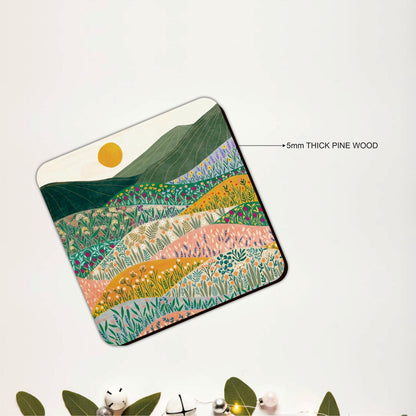 Wildflower Meadow Landscape Wooden Coasters Set of 6