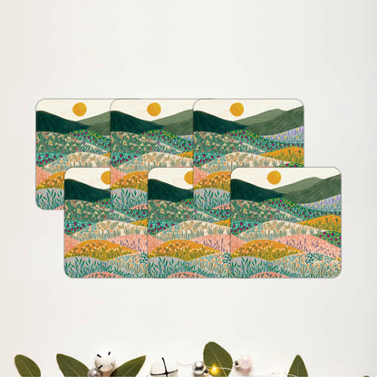 Wildflower Meadow Landscape Wooden Coasters Set of 6