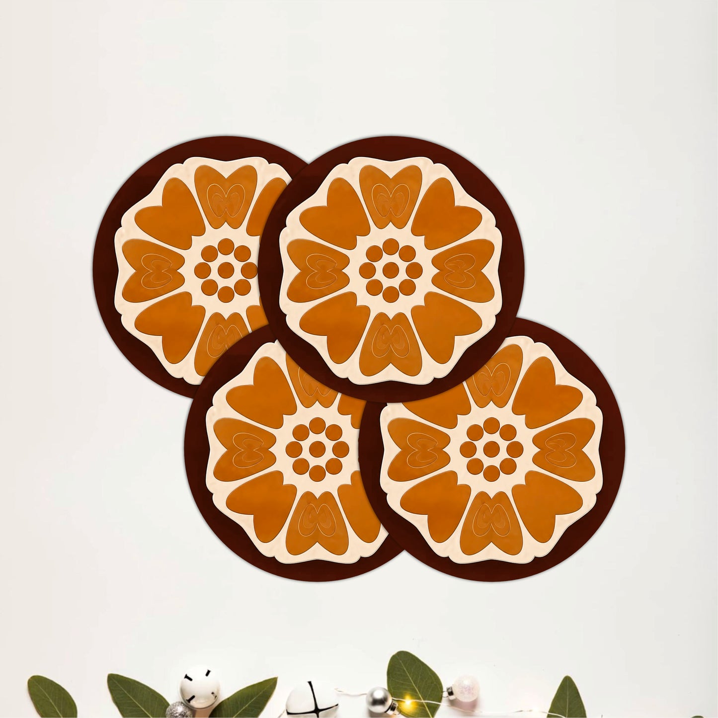 Retro Floral Round Wooden Coasters Set of 4