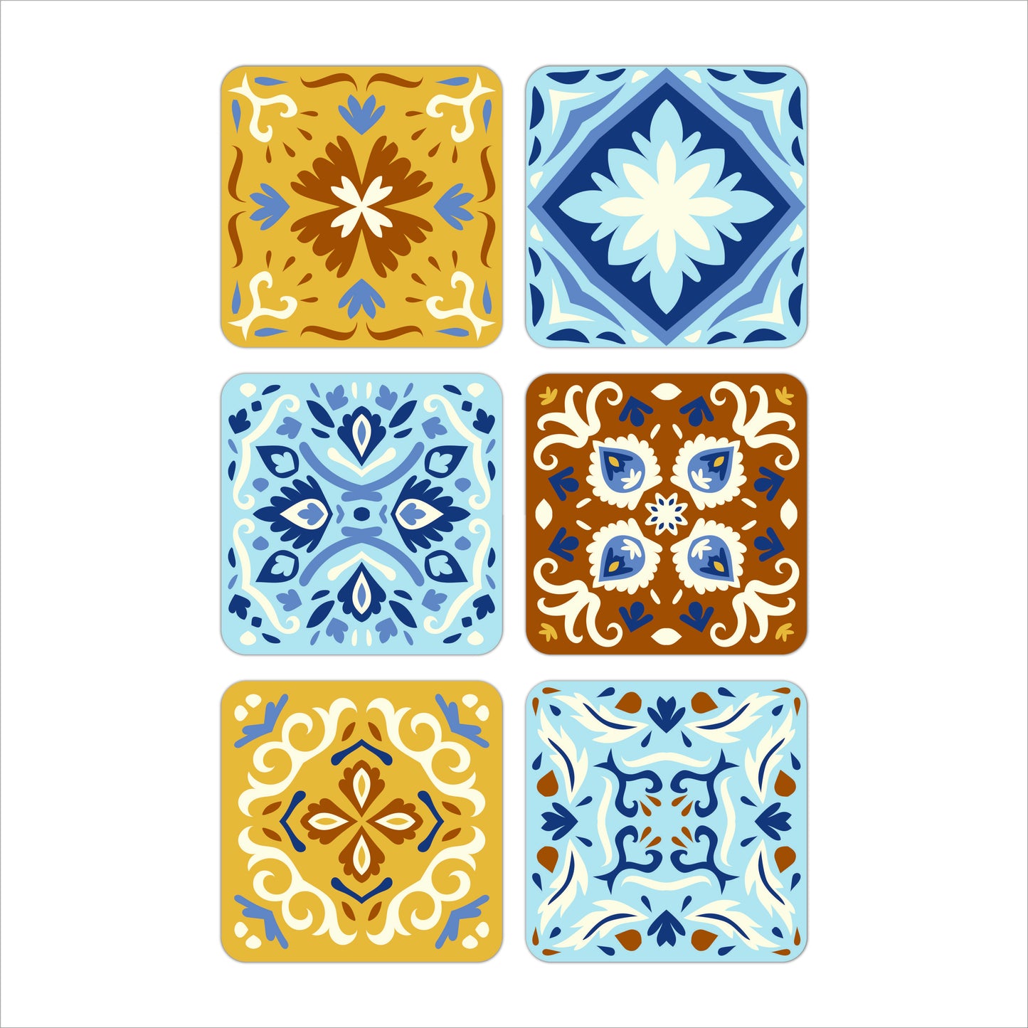 Decorative Tile Print Wooden Coasters Set of 6