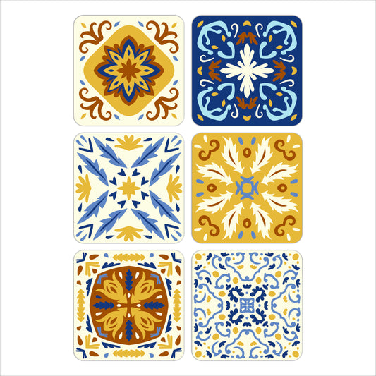 Blue & Yellow Tile Art Wooden Coasters Set of 6
