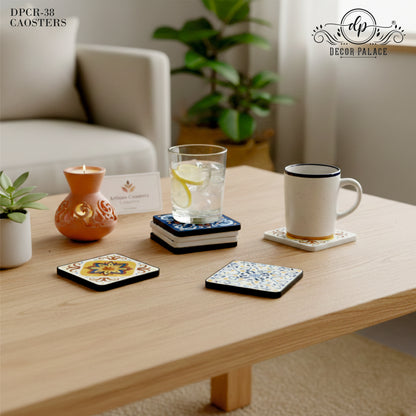 Blue & Yellow Tile Art Wooden Coasters Set of 6