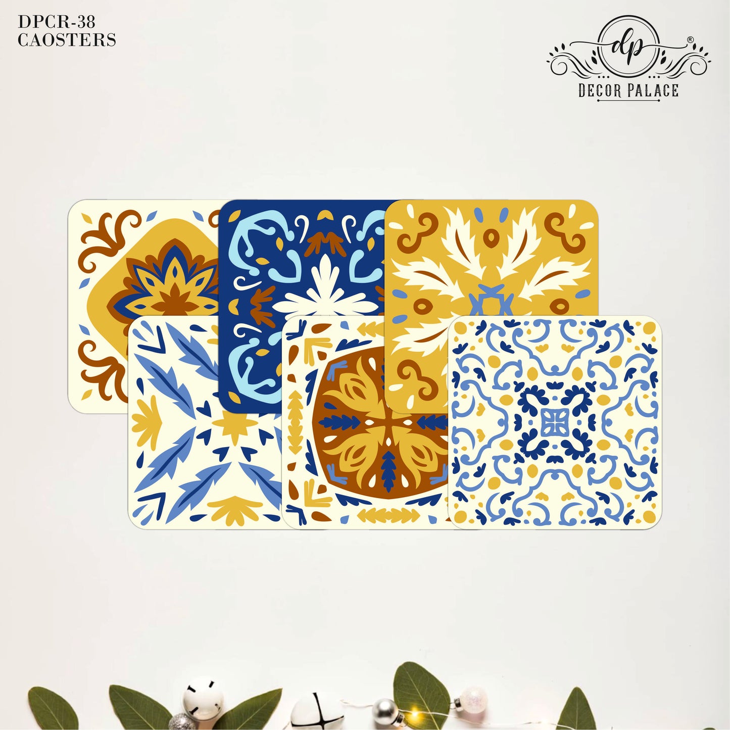 Blue & Yellow Tile Art Wooden Coasters Set of 6
