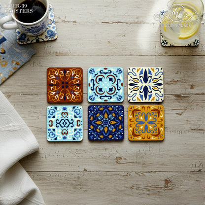 Moroccan Tile Design Wooden Coasters Set of 6