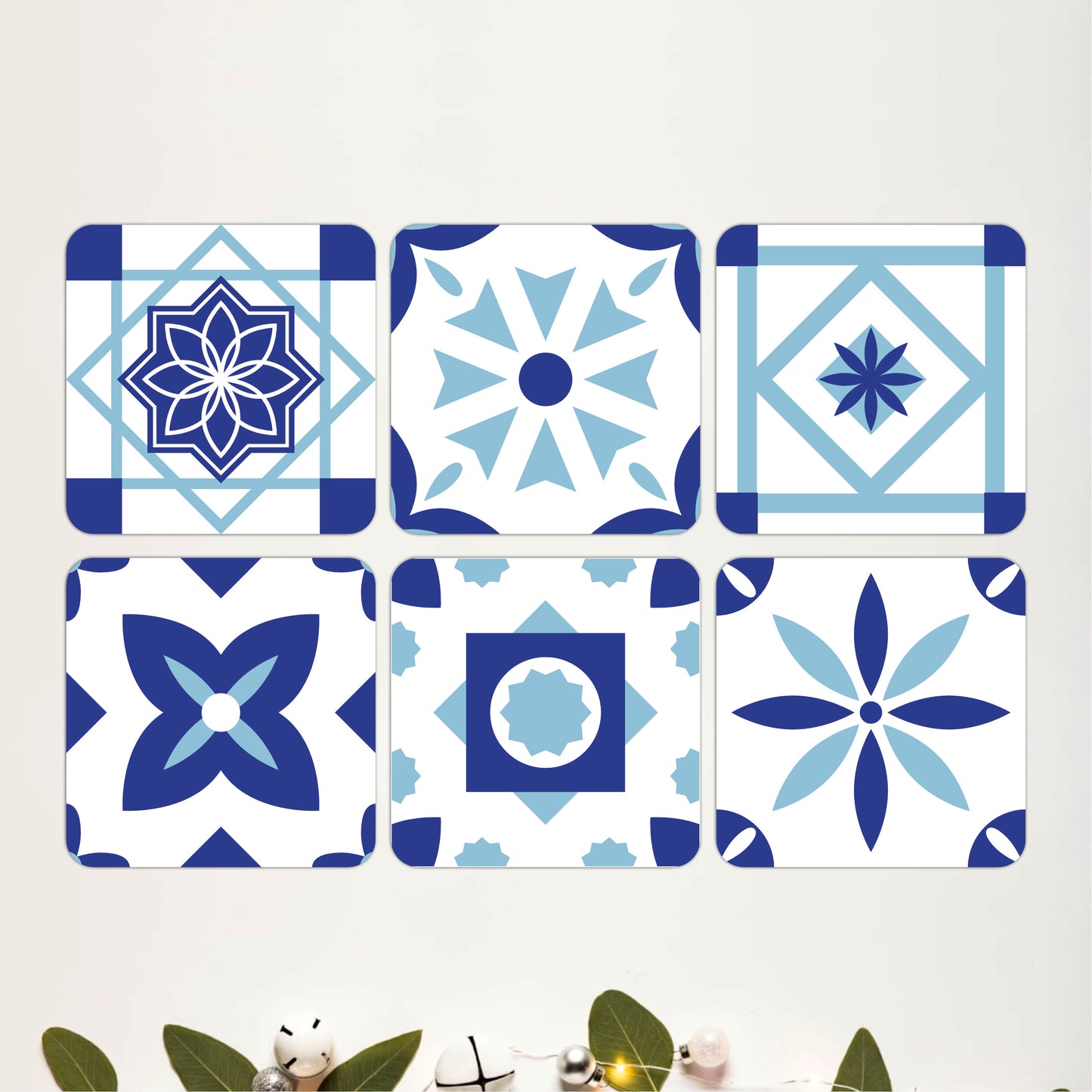 Blue & White Tile Pattern Wooden Coasters Set of 6