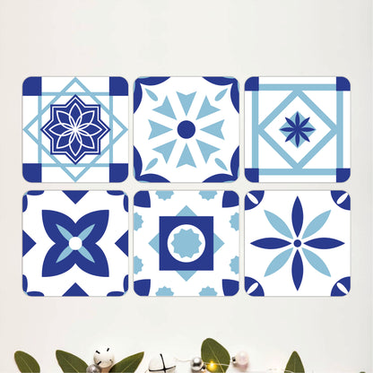 Blue & White Tile Pattern Wooden Coasters Set of 6