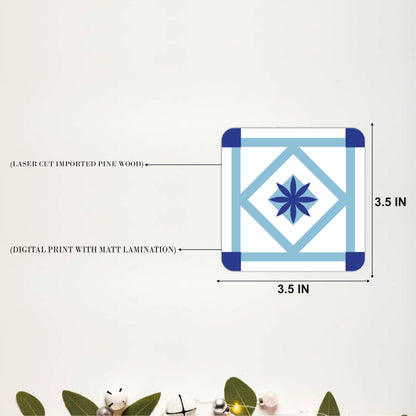 Blue & White Tile Pattern Wooden Coasters Set of 6