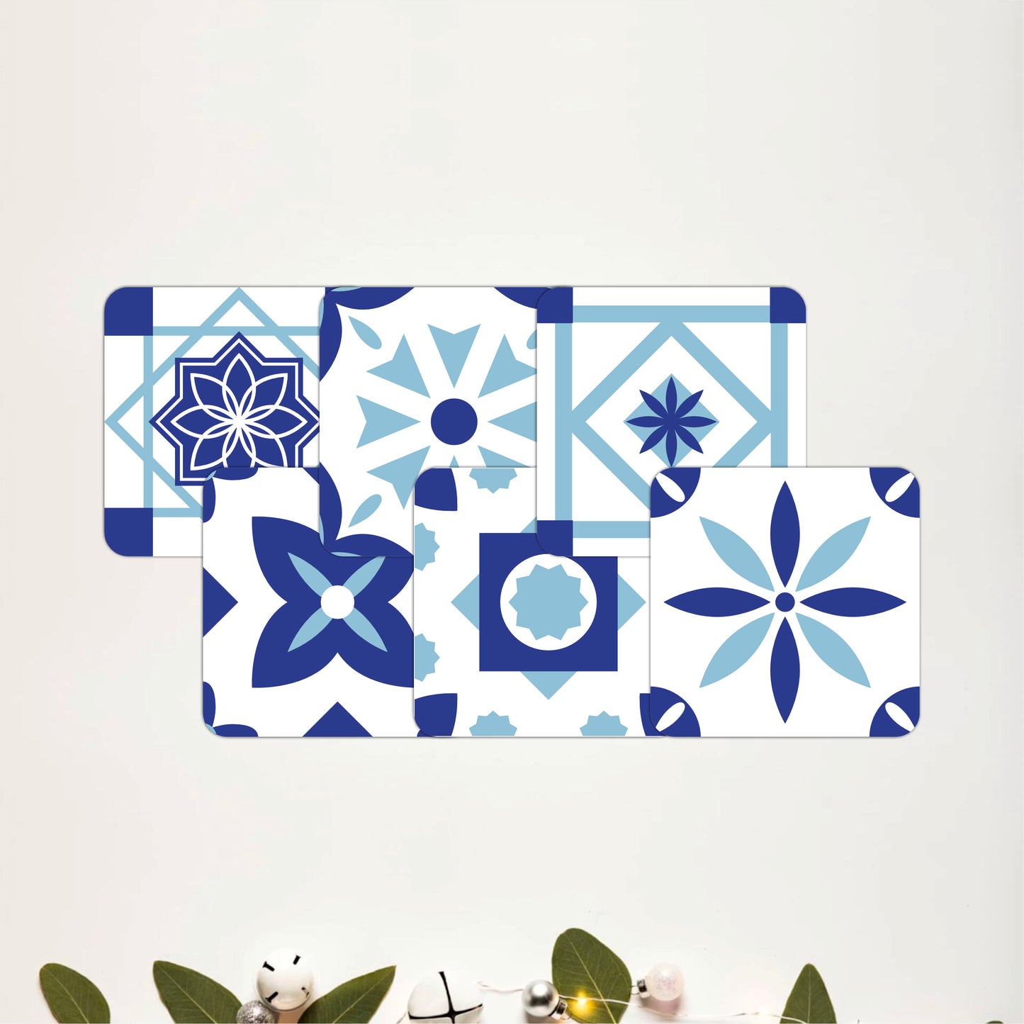 Blue & White Tile Pattern Wooden Coasters Set of 6