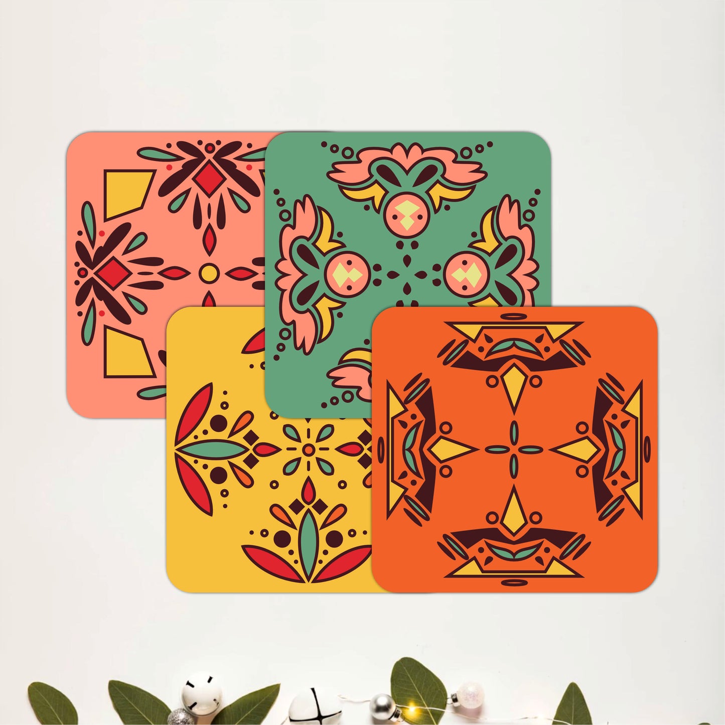 Colorful Mediterranean Tile Wooden Coasters Set of 4