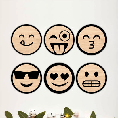 Emoji Face Round Wooden Coasters Set of 6
