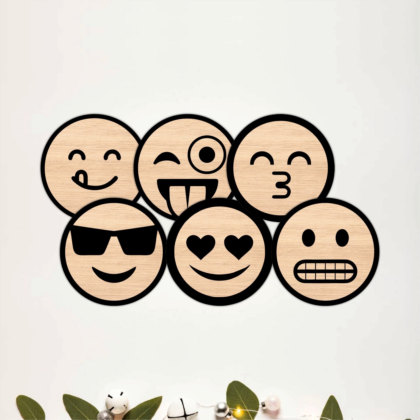 Emoji Face Round Wooden Coasters Set of 6