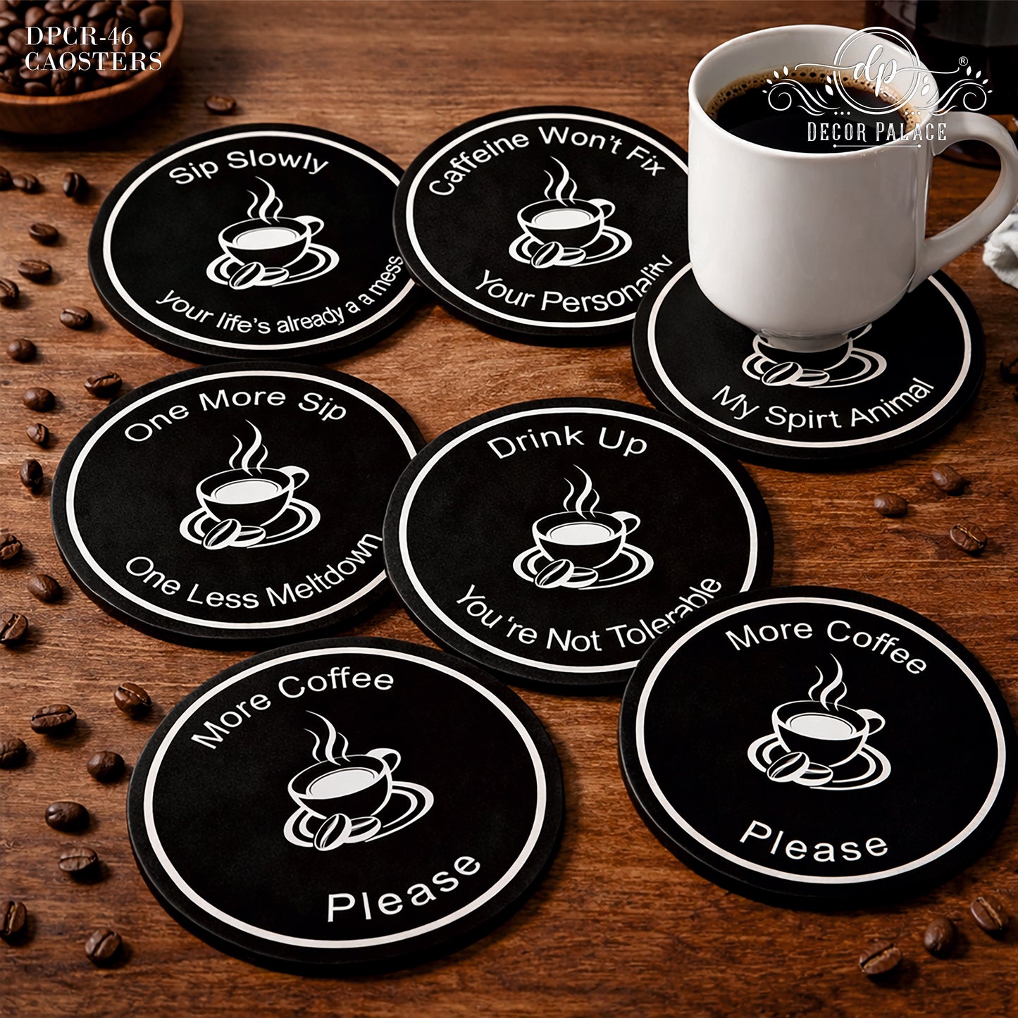 Coffee Quote Round Wooden Coasters Set of 6
