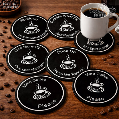 Coffee Quote Round Wooden Coasters Set of 6